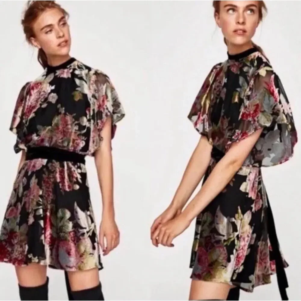 ZARA Devore Floral Burnout Velvet Mini Dress Tie Waist XS Whimsigoth Romantic - Picture 1 of 15